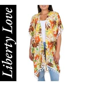 Room Mates Tropical Flower Print Kimono medium cardigan short sleeve hem tassel